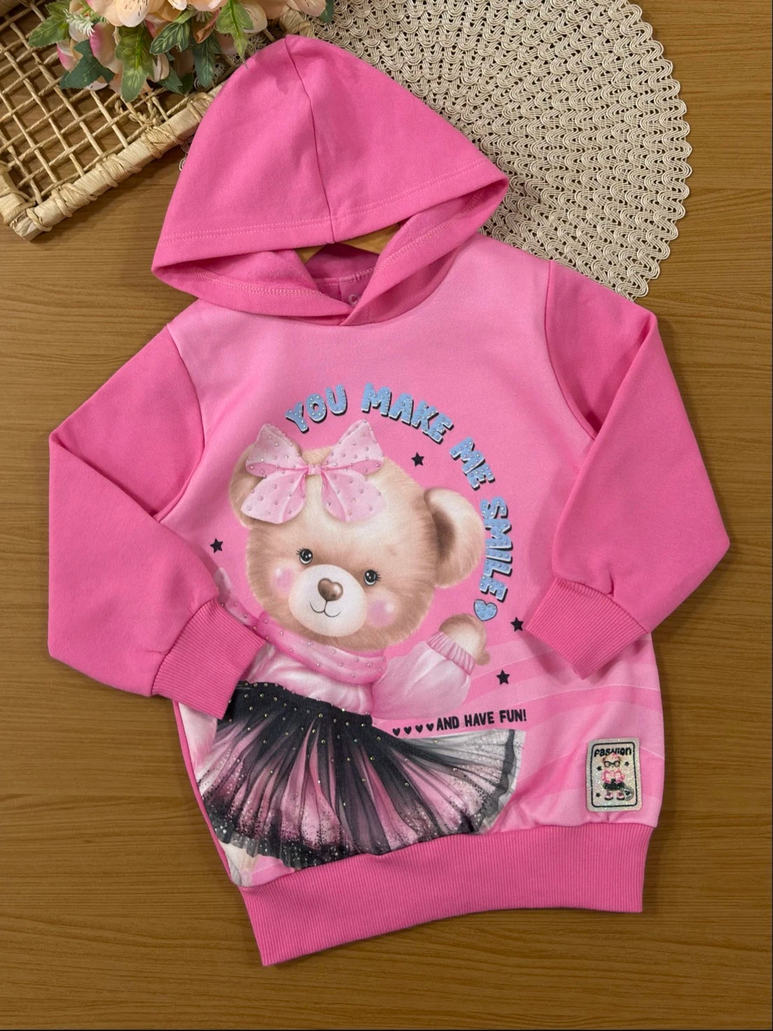 Conjunto Infantil Cinti Inverno com Calça Legging Rosa e Moletom Flanelado Ursinha Smile