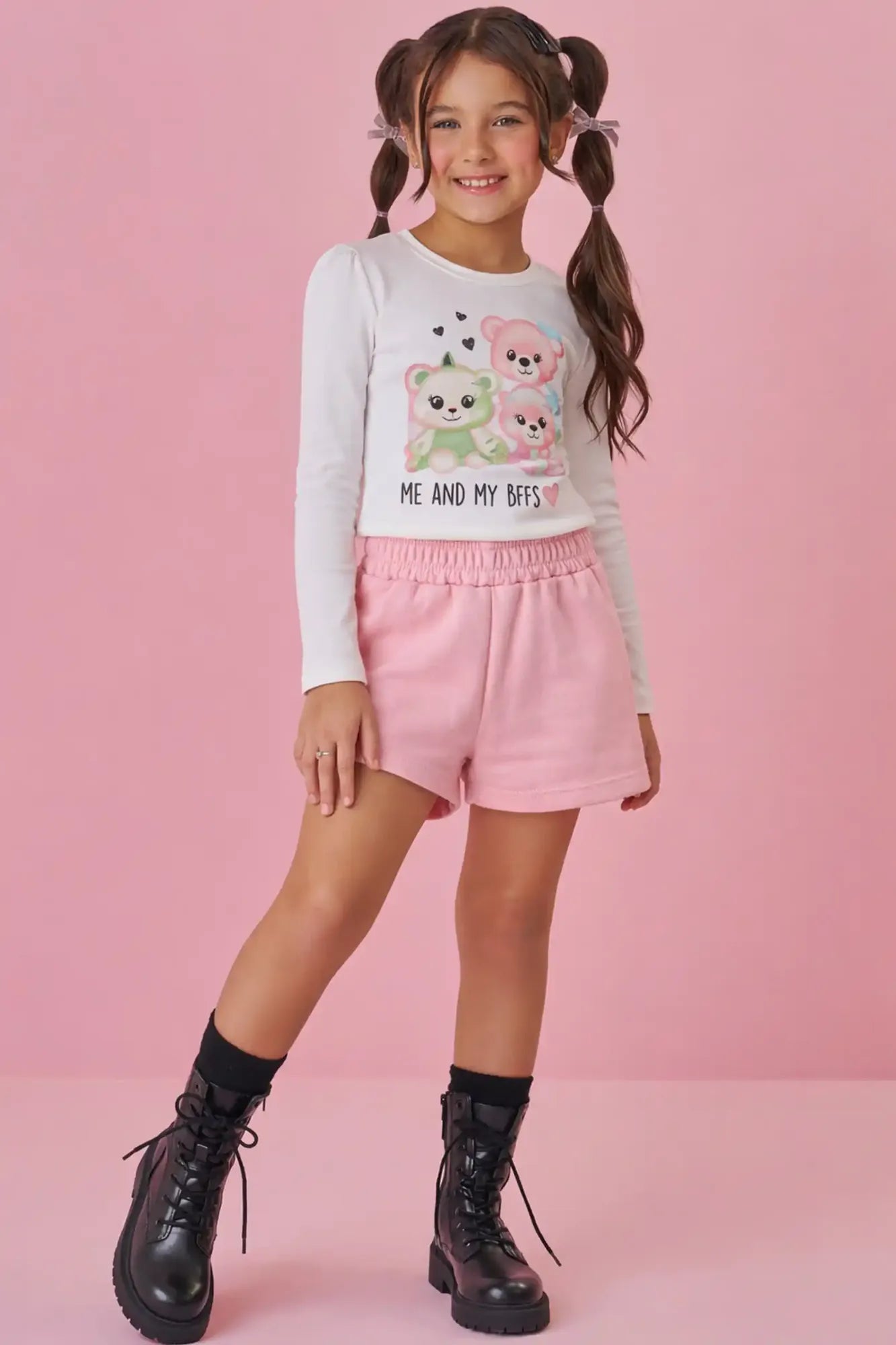 Conjunto Infantil Kukiê com Shorts Rosa e Blusa Manga Longa Ursinha Bffs