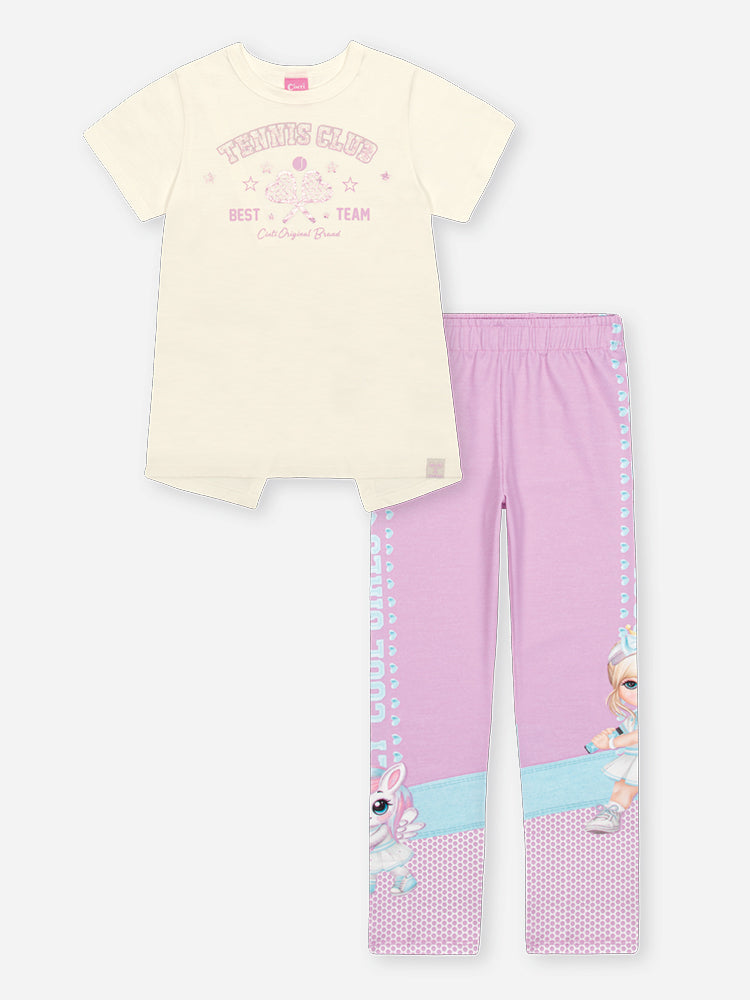 Conjunto Infantil Cinti Verão com Calça Legging Rosa e Blusa Branca Tennis Club