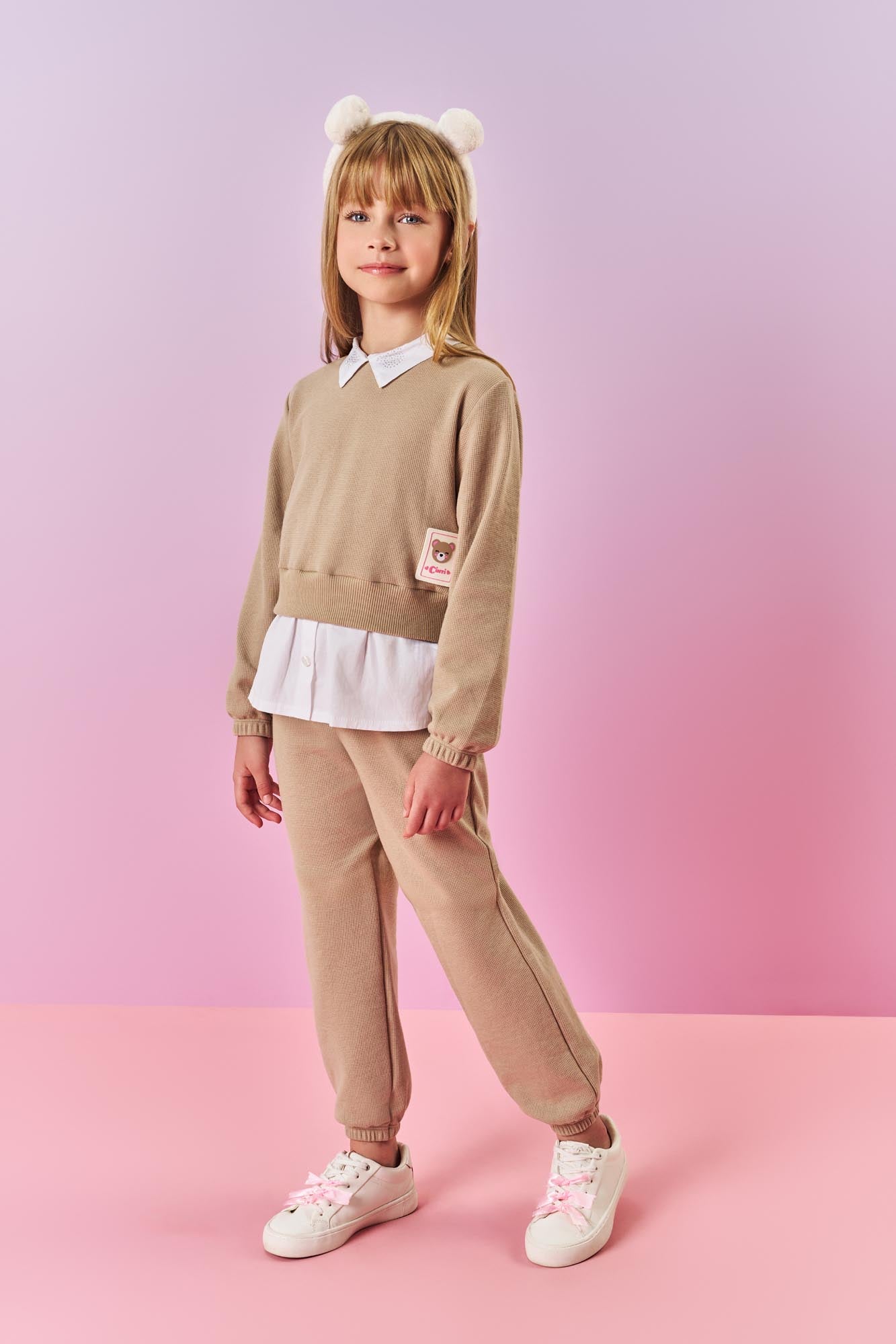 Conjunto Infantil Cinti Inverno com Calça e Casaco Bege com Strass