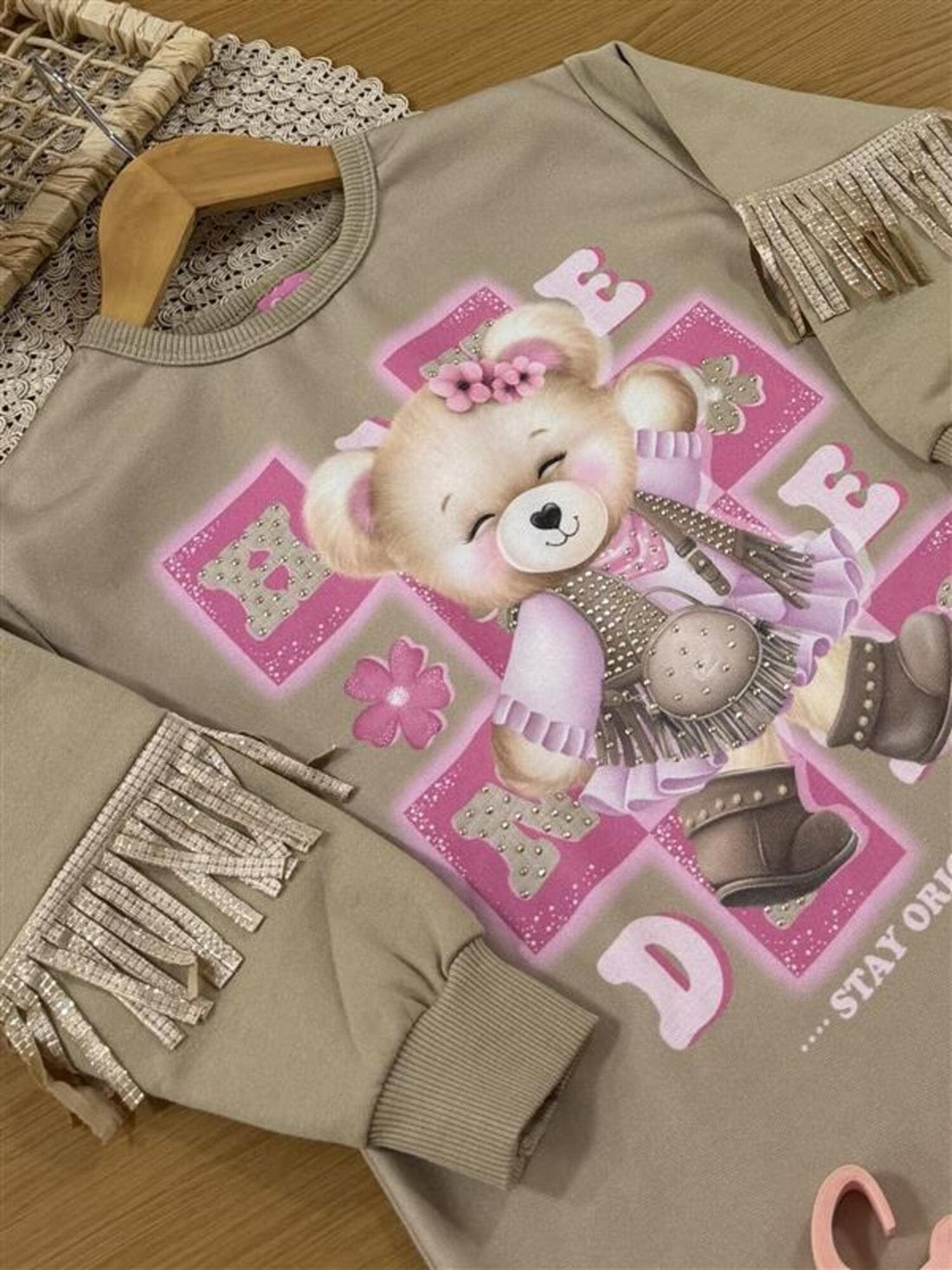 Vestido Infantil Cinti Inverno Flanelado Bege Ursinha Fashion