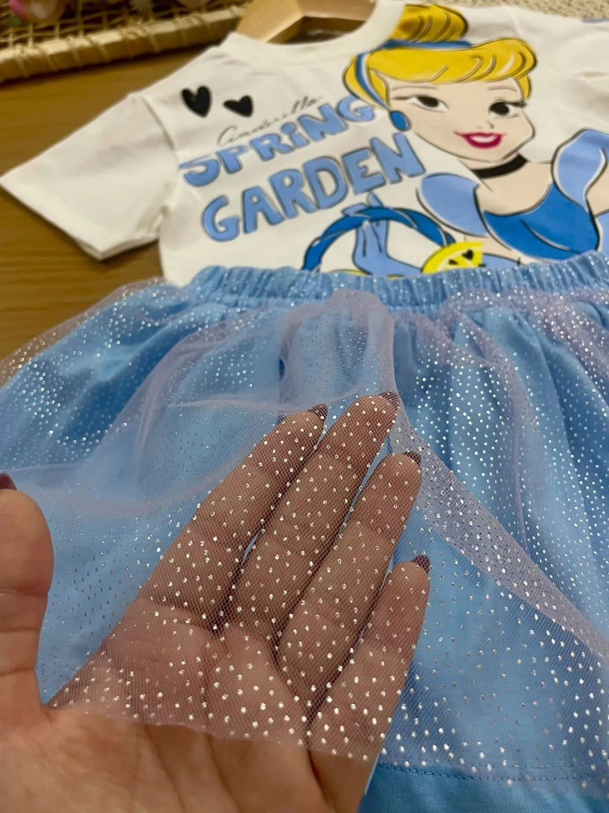Conjunto Infantil Menina Bimbi com Saia Azul Tule e Blusa Branca Cinderella Disney