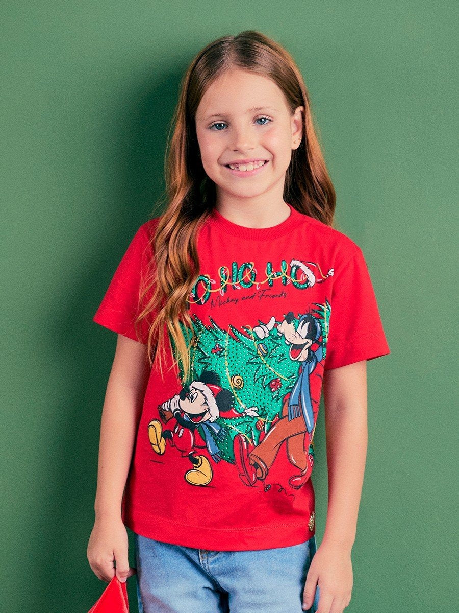 Blusa Infantil Animê Verão Vermelho Mickey e Amigos Natal Disney