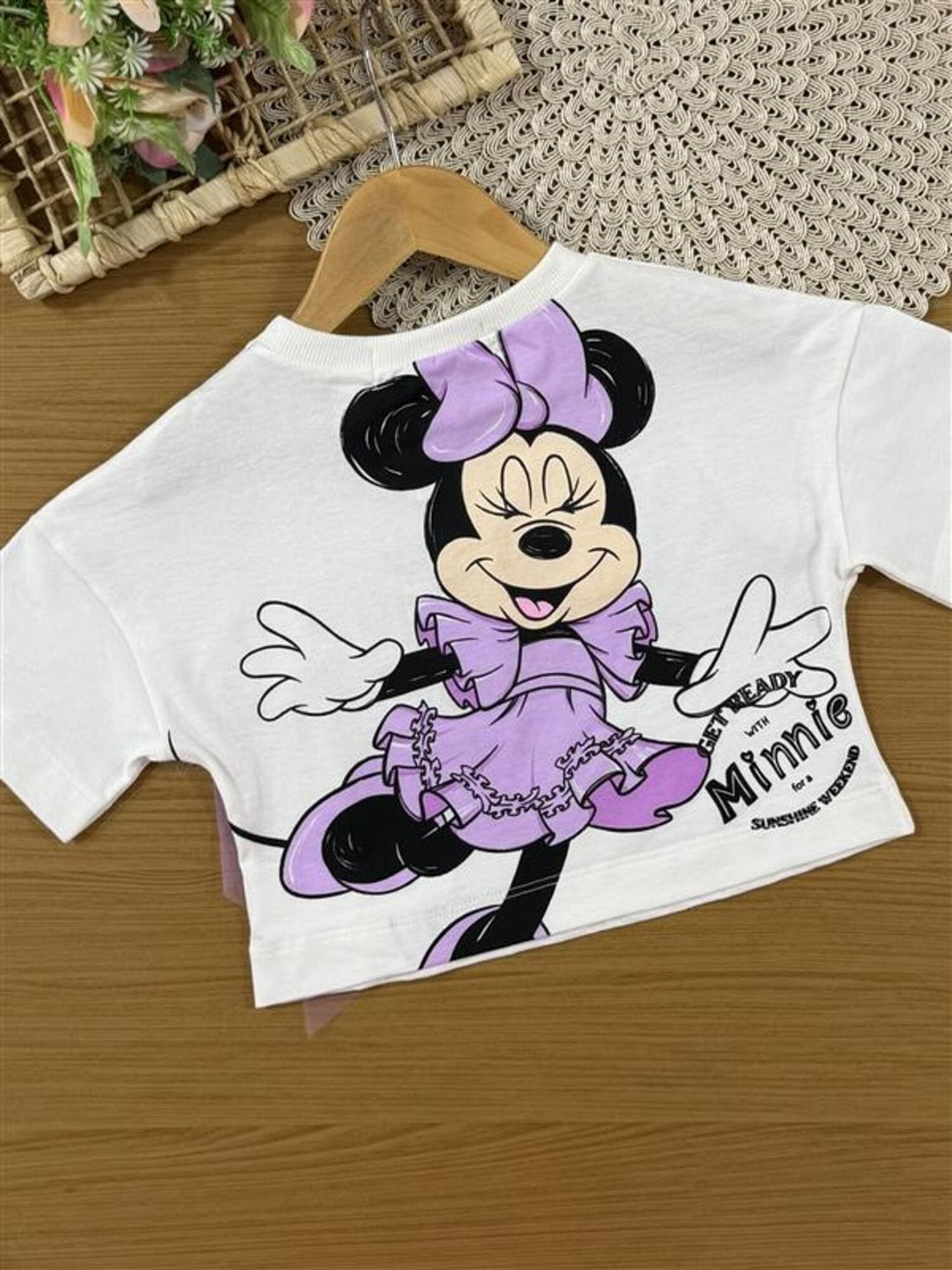Blusa Infantil Animê Verão Branca Minnie com Lacinho em Tule