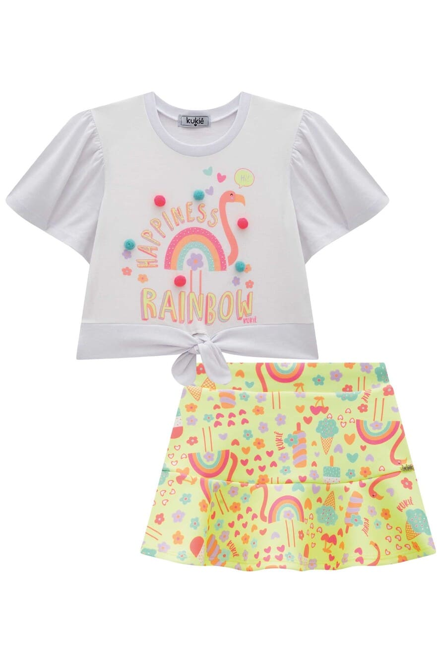 Conjunto Infantil Kukie Verão Saia Amarela e Blusa Arco Iris