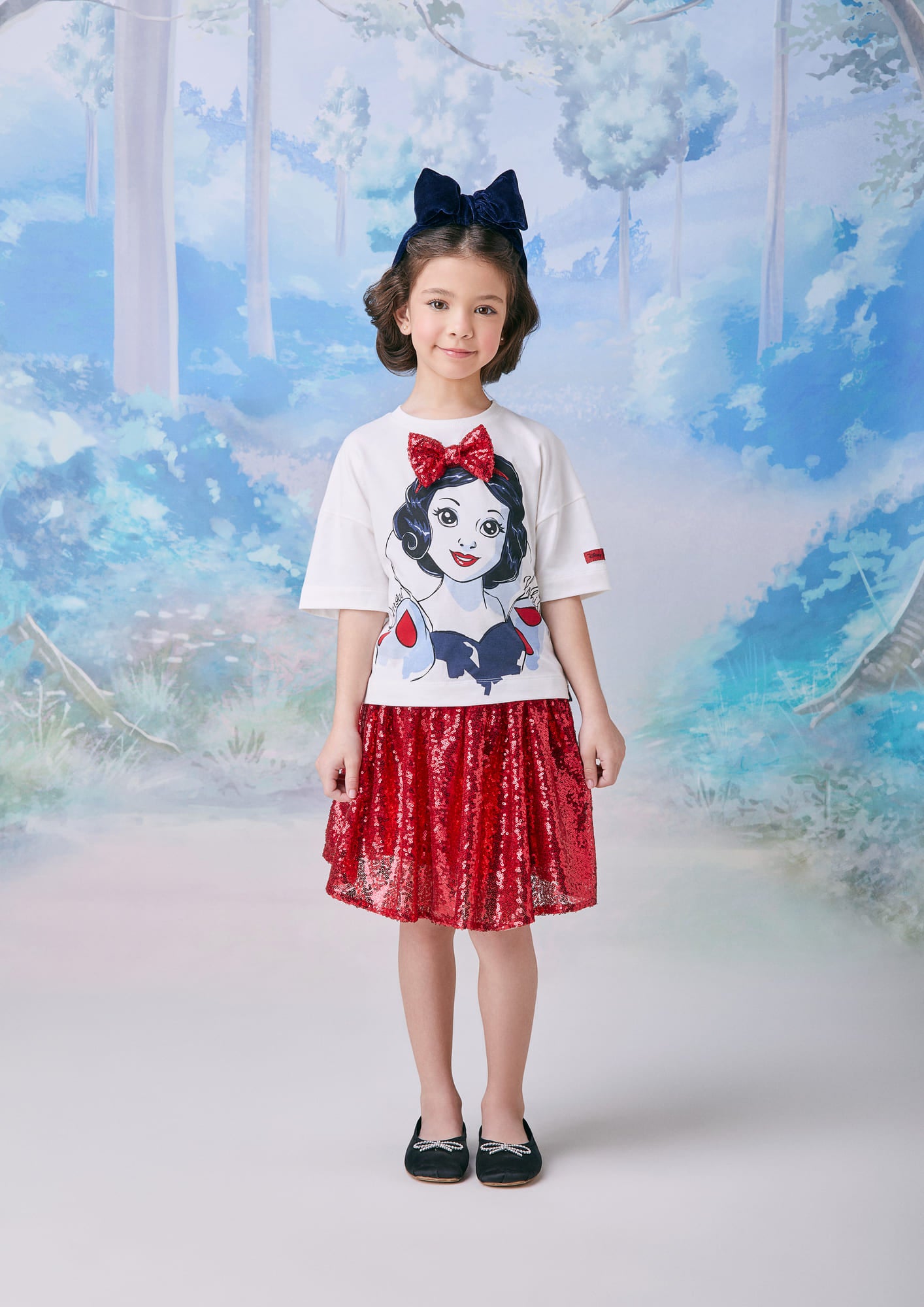 Conjunto Infantil Animê Saia Paetê Vermelho e Blusa Manga Curta Branca de Neve Disney