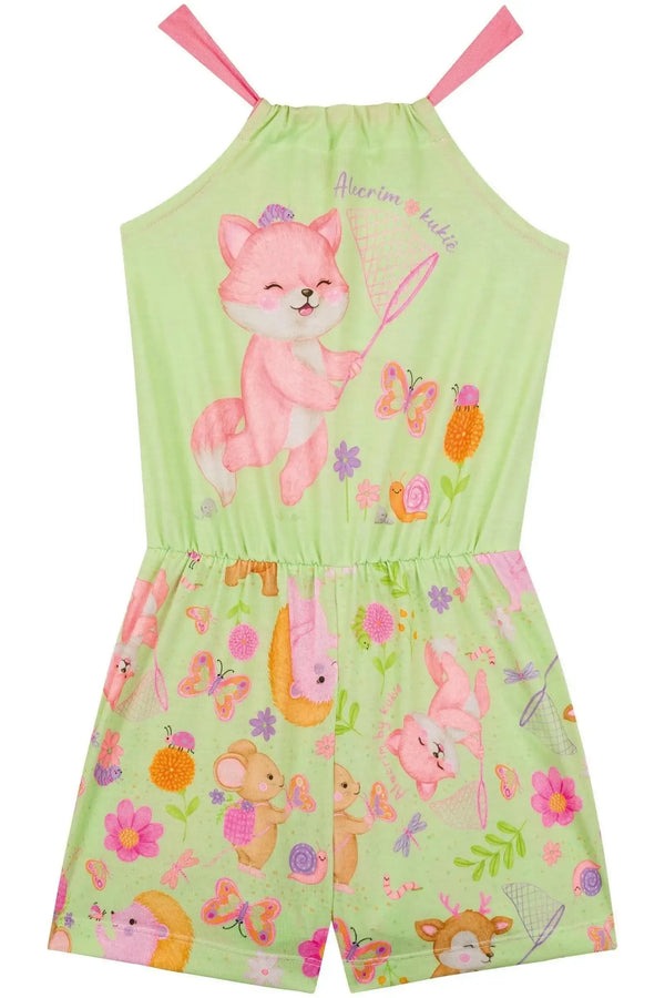 Macacão Curto Infantil Kukiê Verão Verde Raposinha na Floresta