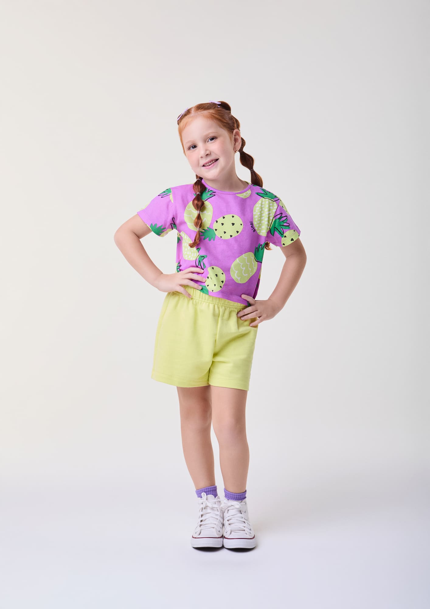 Conjunto Infantil Bimbi Verão com Shorts Verde e Blusa Roxa Abacaxis