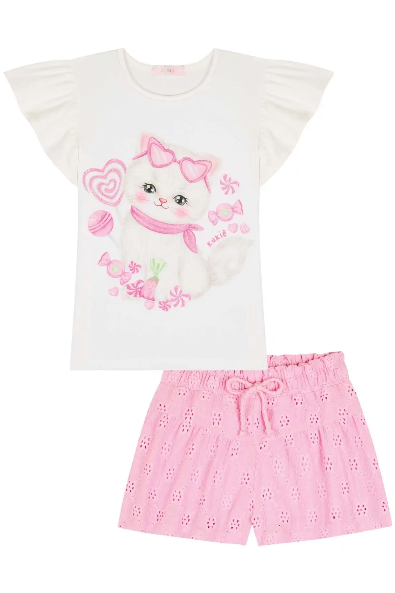 Conjunto Infantil Kukiê Verão com Shorts Rosa e Blusa Branca Gatinha