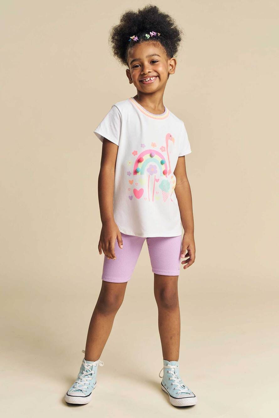 Blusa Infantil Kukie Verão Branca Flamingo Arco Iris