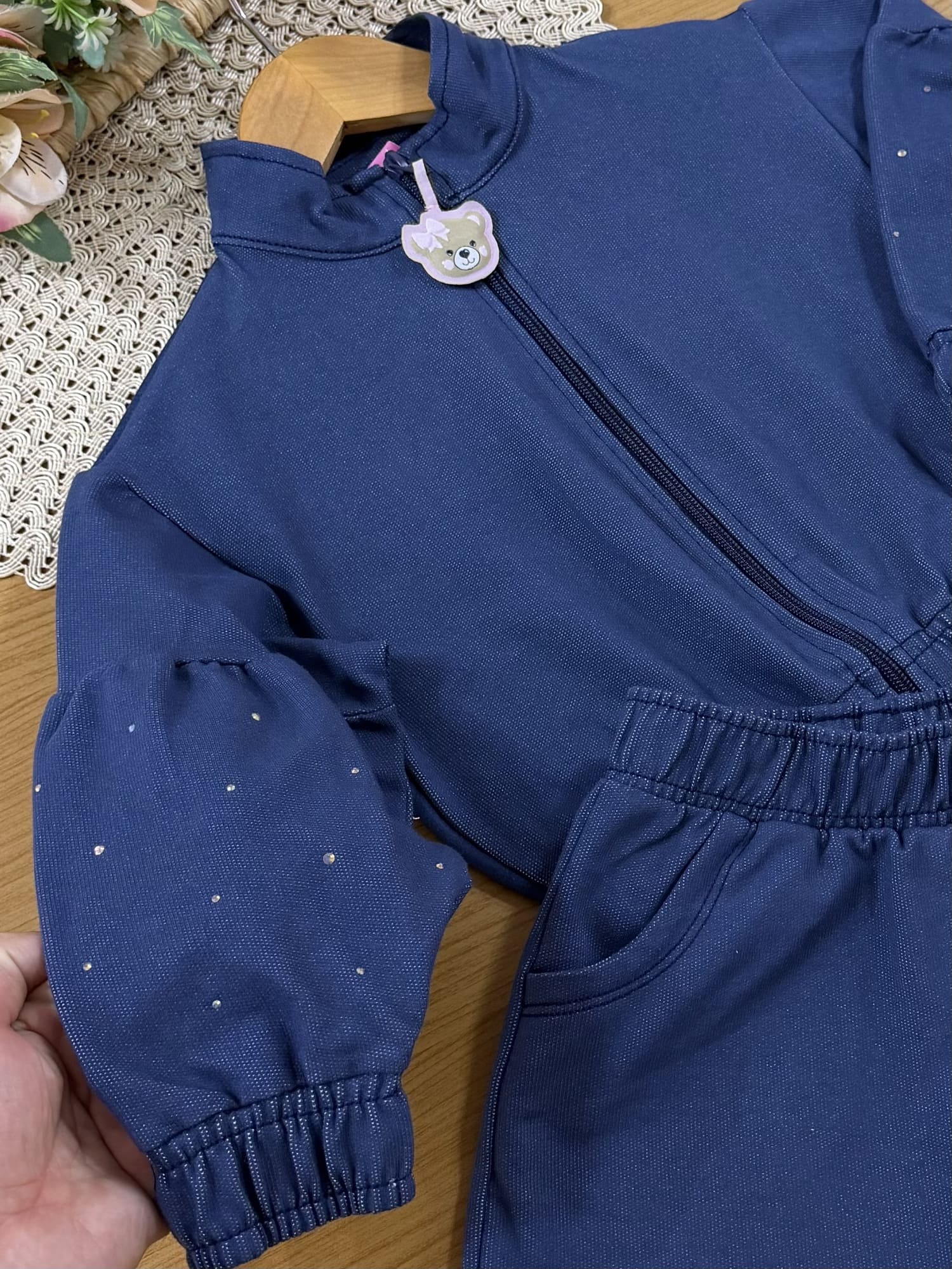 Conjunto Infantil Cinti Inverno com Shorts-Saia e Jaqueta Azul Marinho Ursinha Brilhos