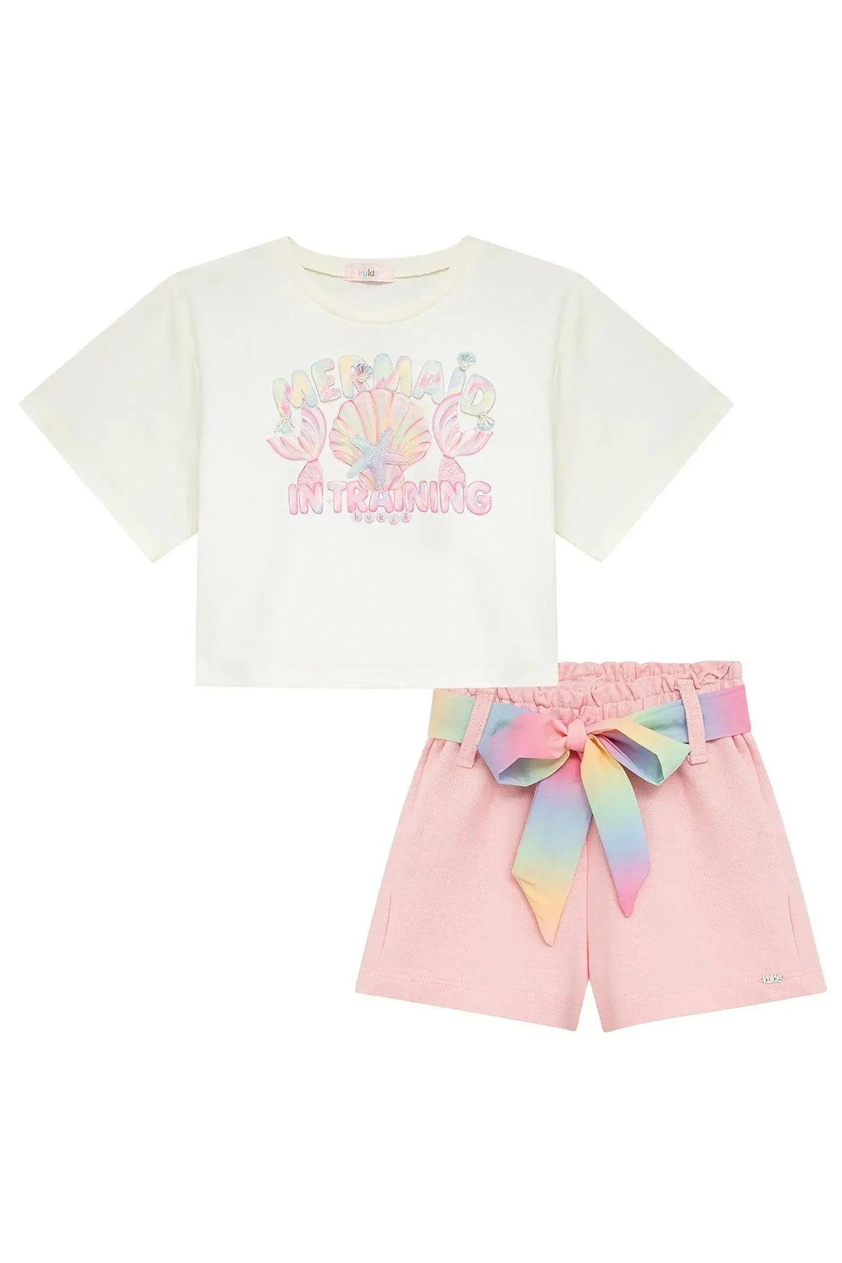 Conjunto Infantil Menina Kukiê com Shorts Rosa e Blusa Branca Mermaid