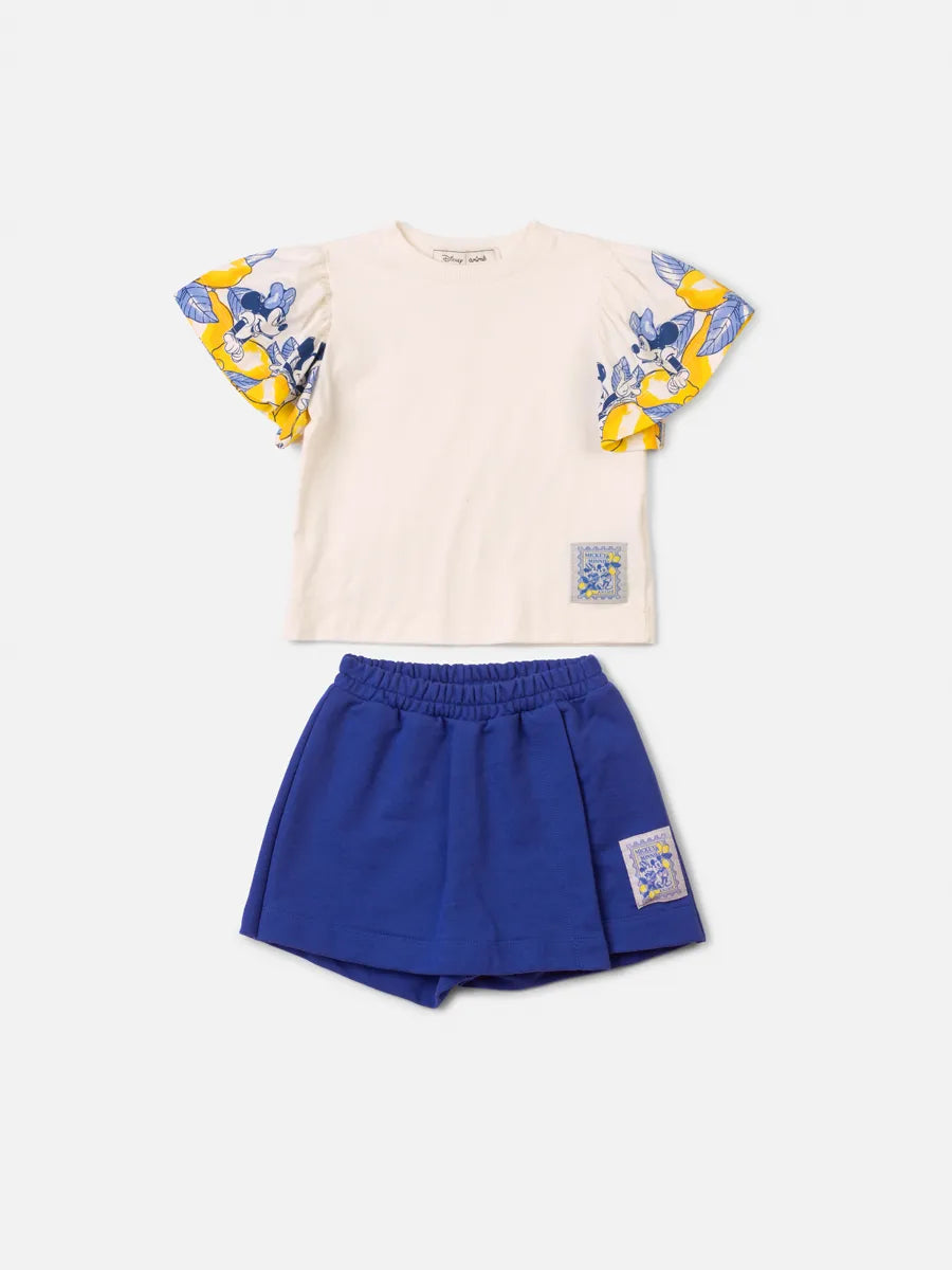 Conjunto Infantil Menina Animê com Shorts Azul e Blusa Bege Minnie Limãozinho Disney