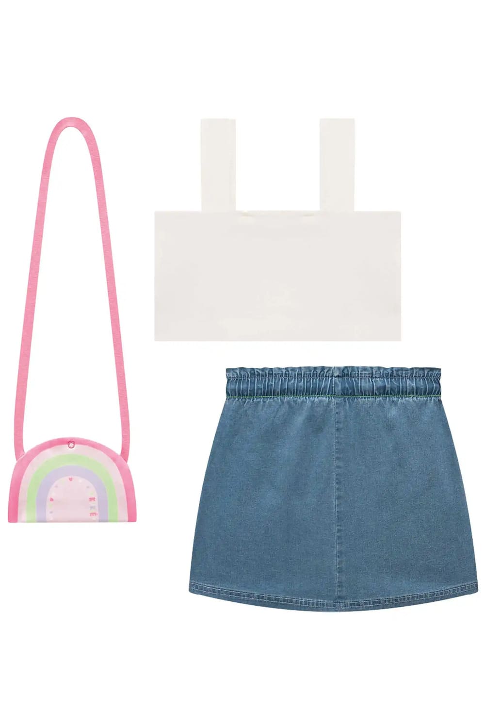 Conjunto Infantil Kukie Verão Saia Jeans e Top Cropped com Bolsinha Arco-íris