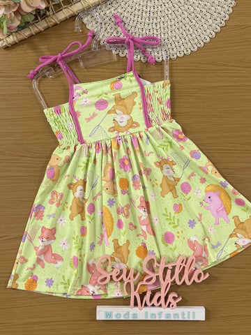 Vestido Infantil Kukiê Verão Verde Animais