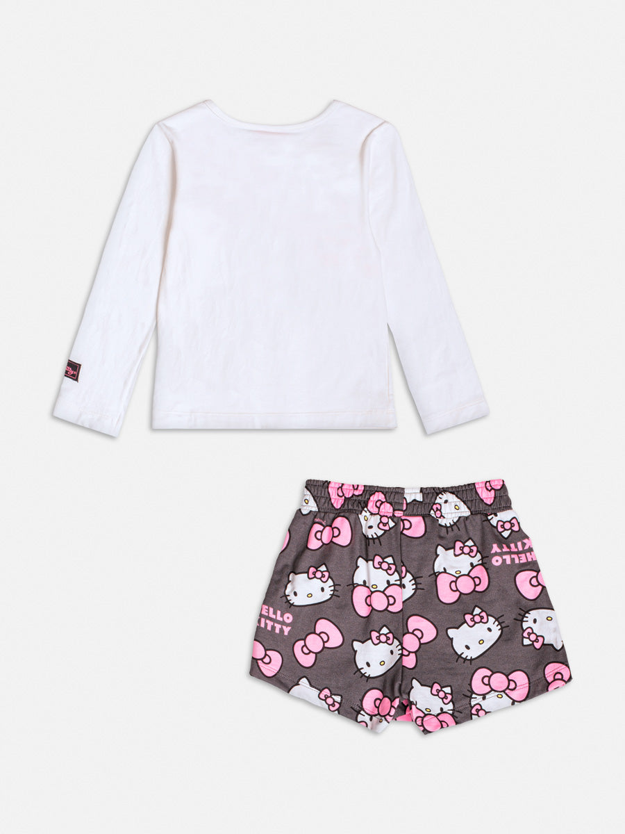 Conjunto Infantil Momi Short Saia Cinza e Blusa Manga Longa Hello Kitty