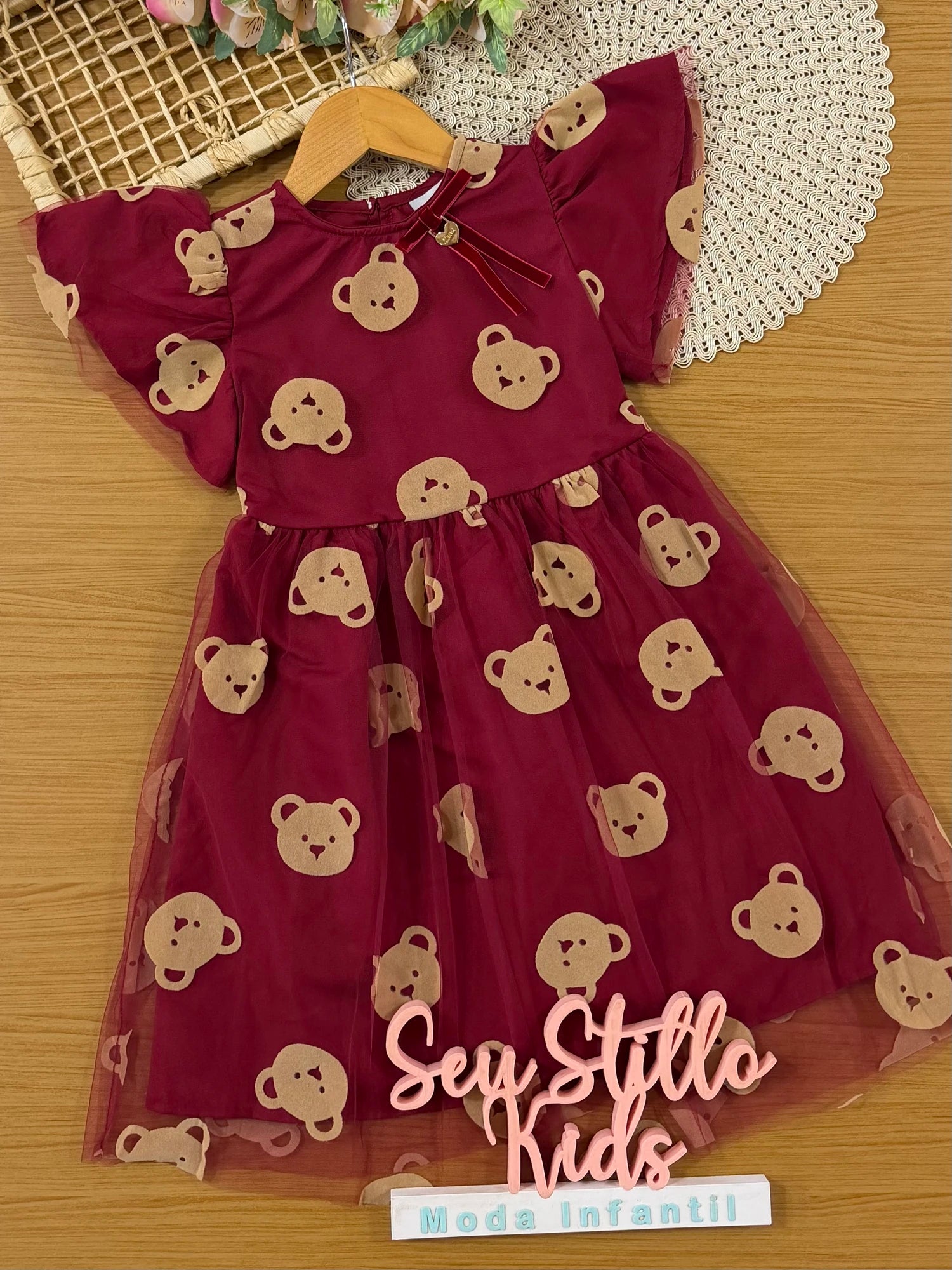 Vestido Infantil Momi Inverno Vermelho em Tule Ursinhos