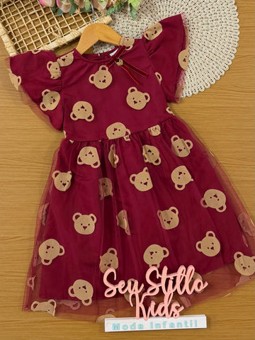 Vestido Infantil Momi Inverno Vermelho em Tule Ursinhos