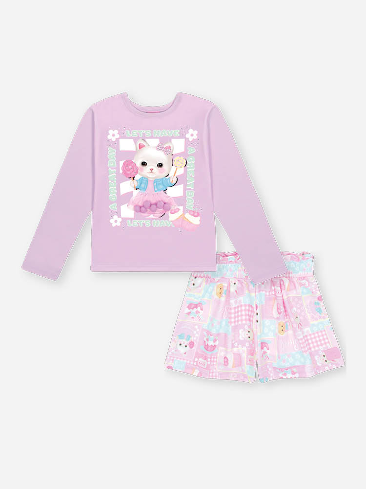 Conjunto Infantil Cinti Inverno com Shorts e Blusa Manga Longa Lilás Gatinha Docinhos