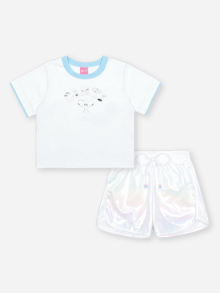 Conjunto Infantil Cinti Verão com Shorts Holográfico e Blusa Branca Sport