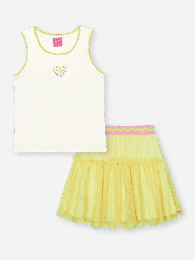 Conjunto Infantil Cinti Verão com Saia Verde em Tule e Regata Coração