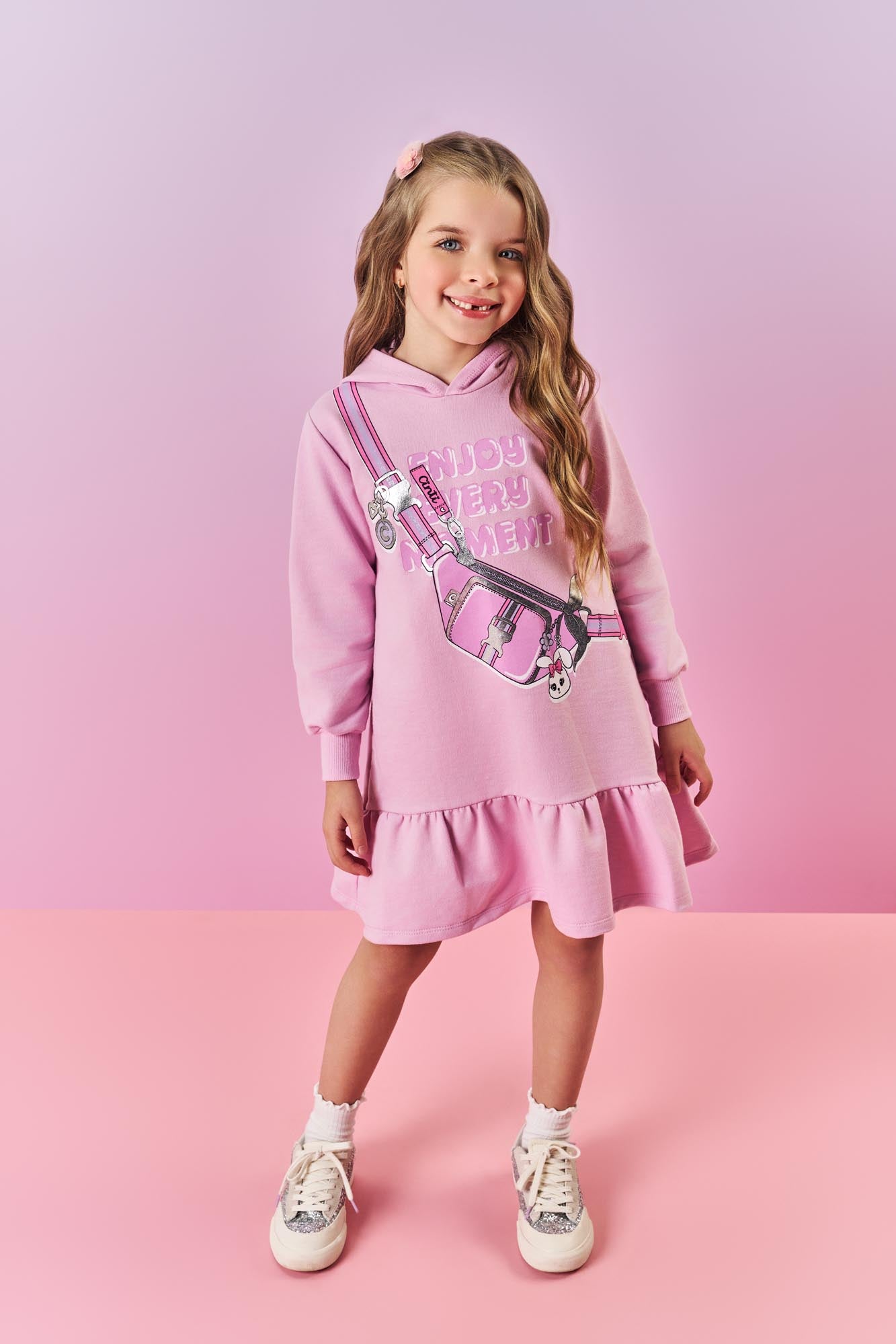 Vestido Infantil Cinti Inverno Rosa Bolsinha Coelhinha