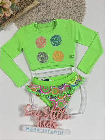 Biquíni Infantil Siri Kids Cropped Manga Longa Bianca Happy Smile 40138