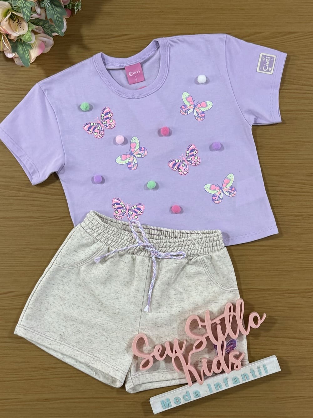 Conjunto Infantil Cinti Verão Shorts e Blusa Lilás Borboleta