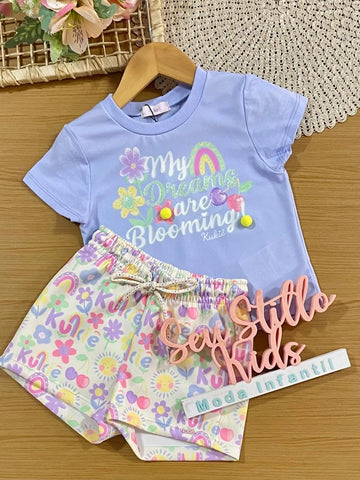 Conjunto Infantil Menina Kukiê com Shorts e Blusa Azul Flozinha Arco-íris