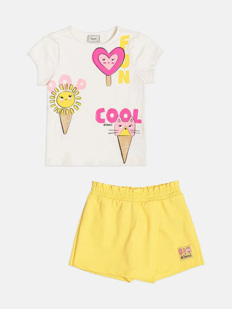 Conjunto Infantil Menina Bimbi com Short-Saia Amarelo e Blusa Branca Sorvetinhos