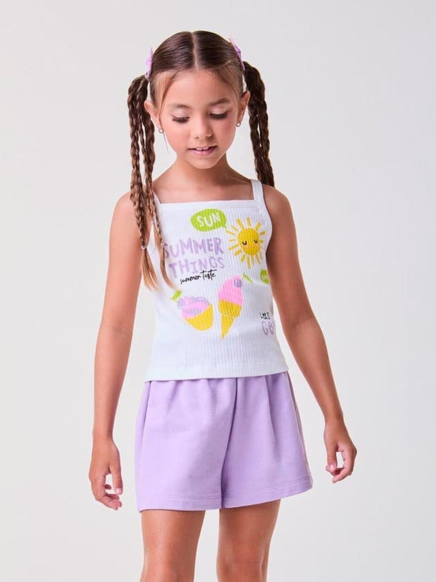 Conjunto Infantil Bimbi Verão com Short Roxo e Blusa Branca Sabor Verão