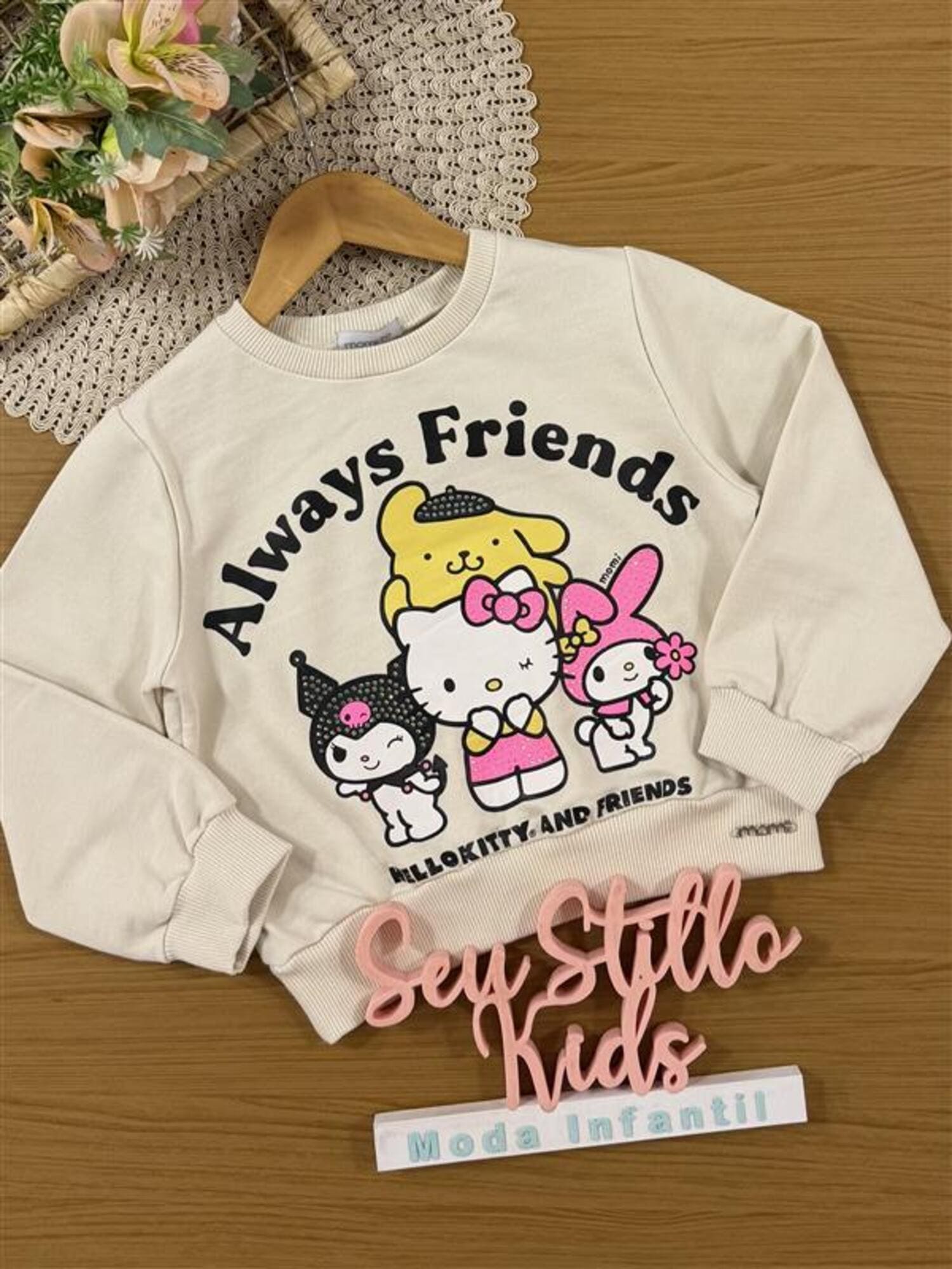 Moletom Infantil Momi Inverno Sem Flanela Bege Hello Kitty com Strass