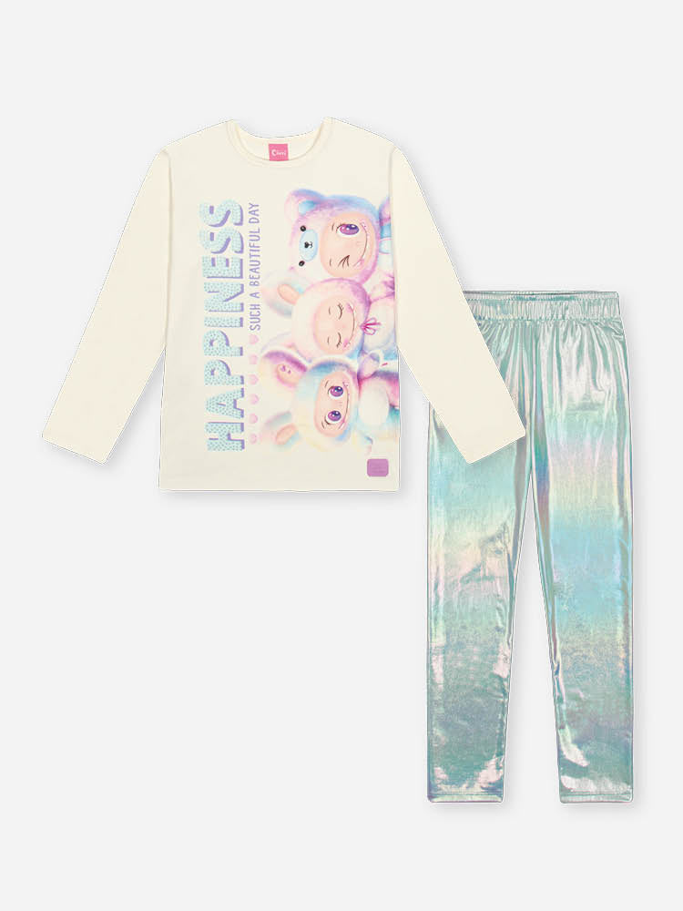 Conjunto Infantil Cinti Inverno com Calça Legging Verde Metalizado e Blusa Manga Longa Labubu