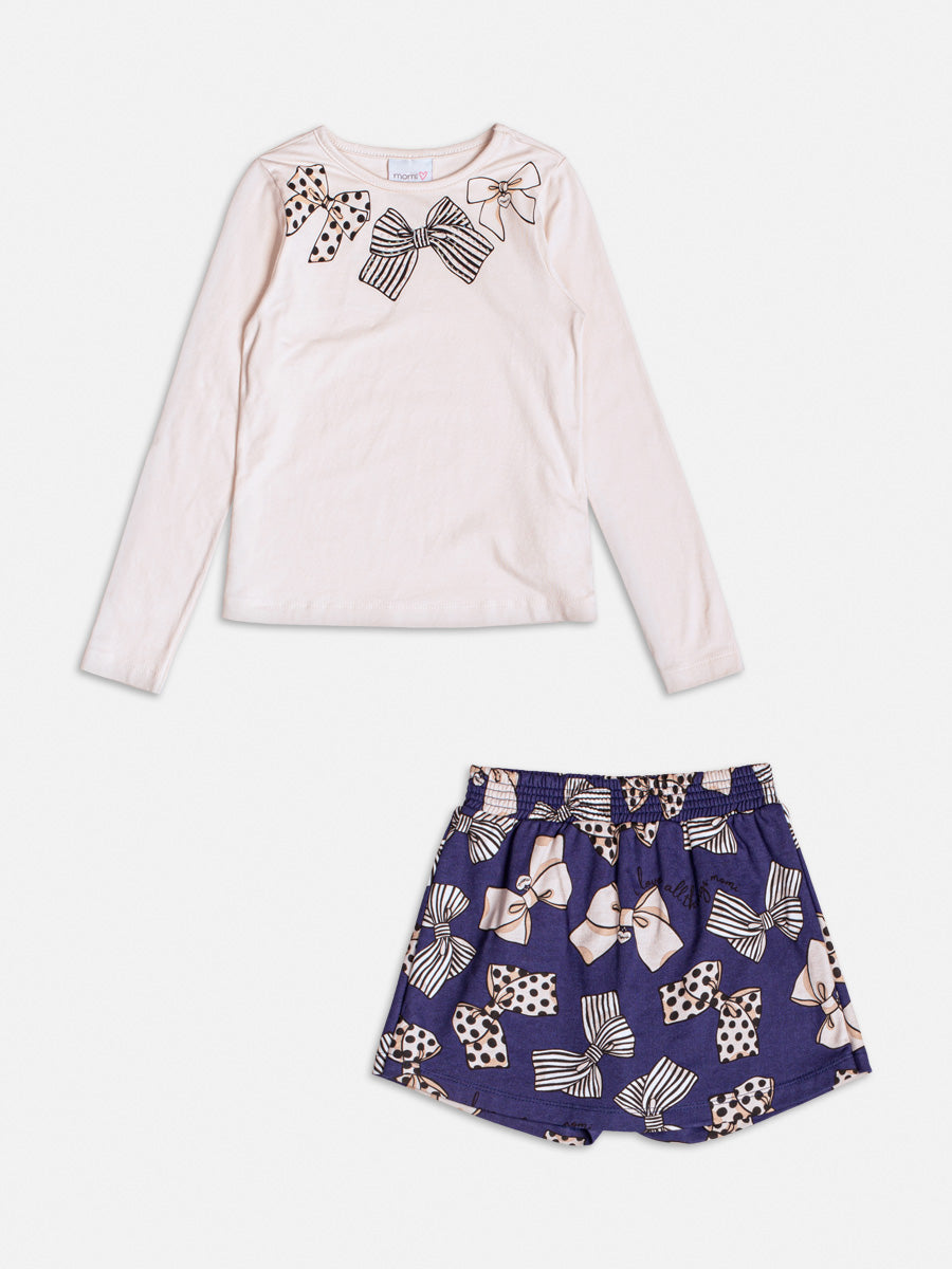 Conjunto Infantil Momi Inverno com Shorts Saia Azul e Blusa Bege Lacinhos