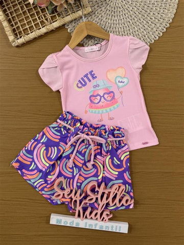 Conjunto Infantil Kukiê Verão com Shorts Roxo e Blusa Rosa Frutinha Cute