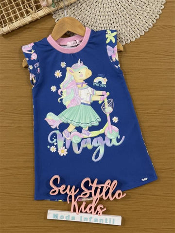 Vestido Infantil Kukiê Verão Azul Unicórnio