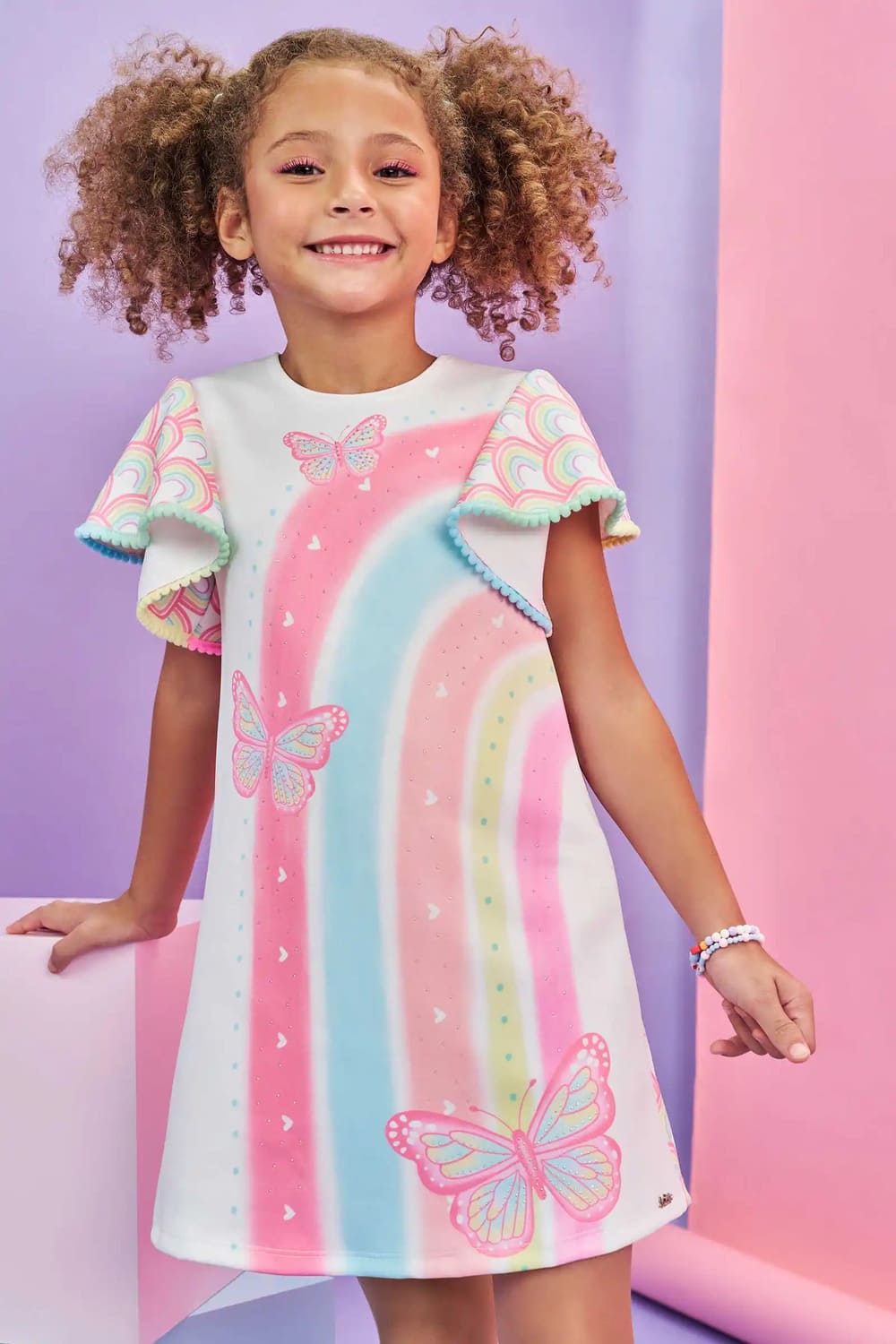 Vestido Infantil Kukie Verão Branco Borboletas Arco-íris