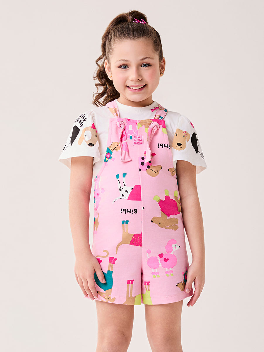 Jardineira Infantil Bimbi Inverno Rosa Cachorrinhos
