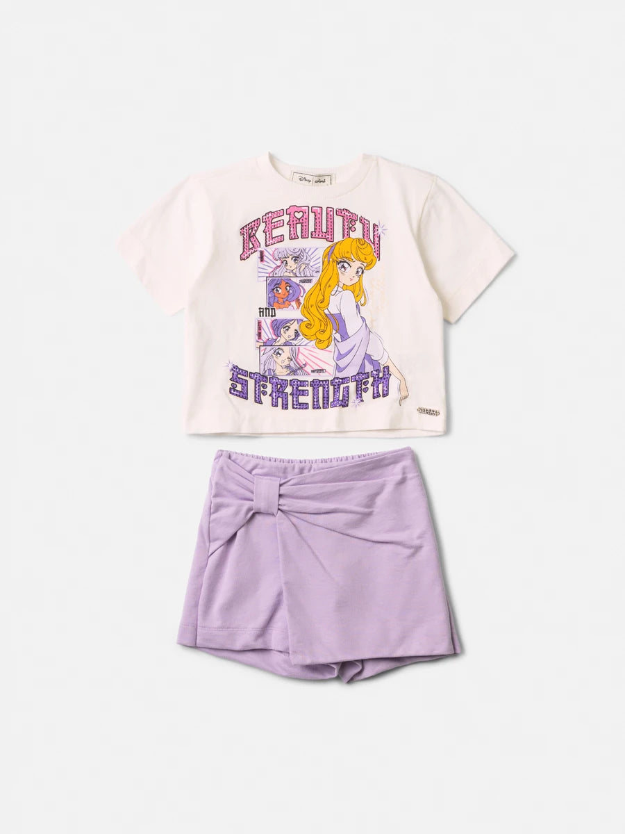 Conjunto Infantil Menina Animê com Shorts Saia Lilás e Blusa Princesas Strass