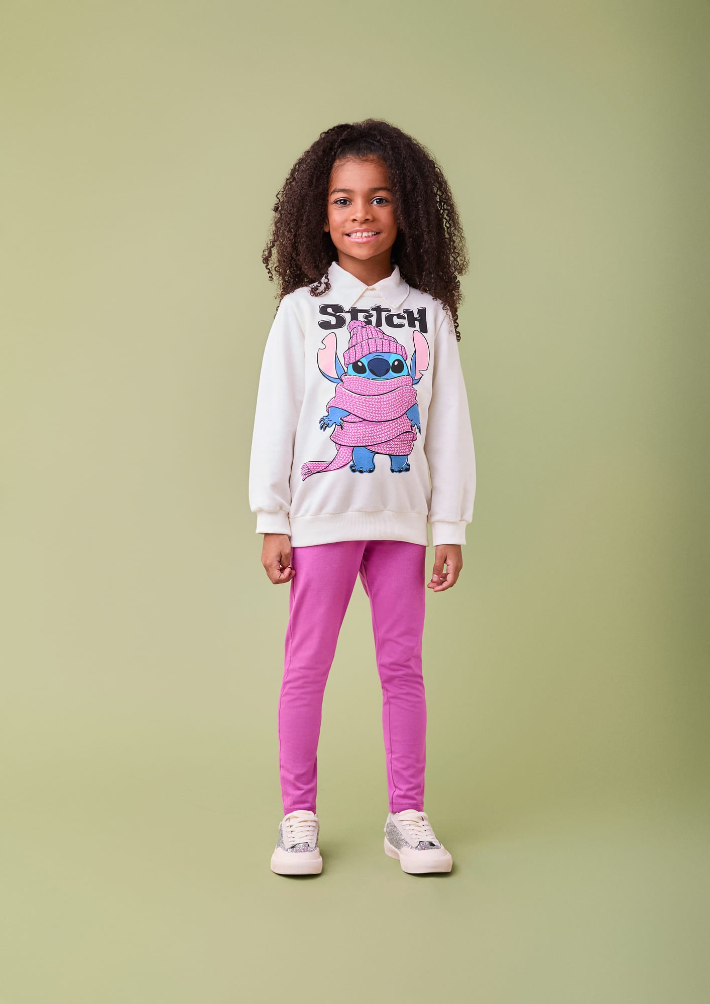 Conjunto Infantil Momi Inverno com Calça Roxa e Moletom sem Flanela Branco Stitch Disney