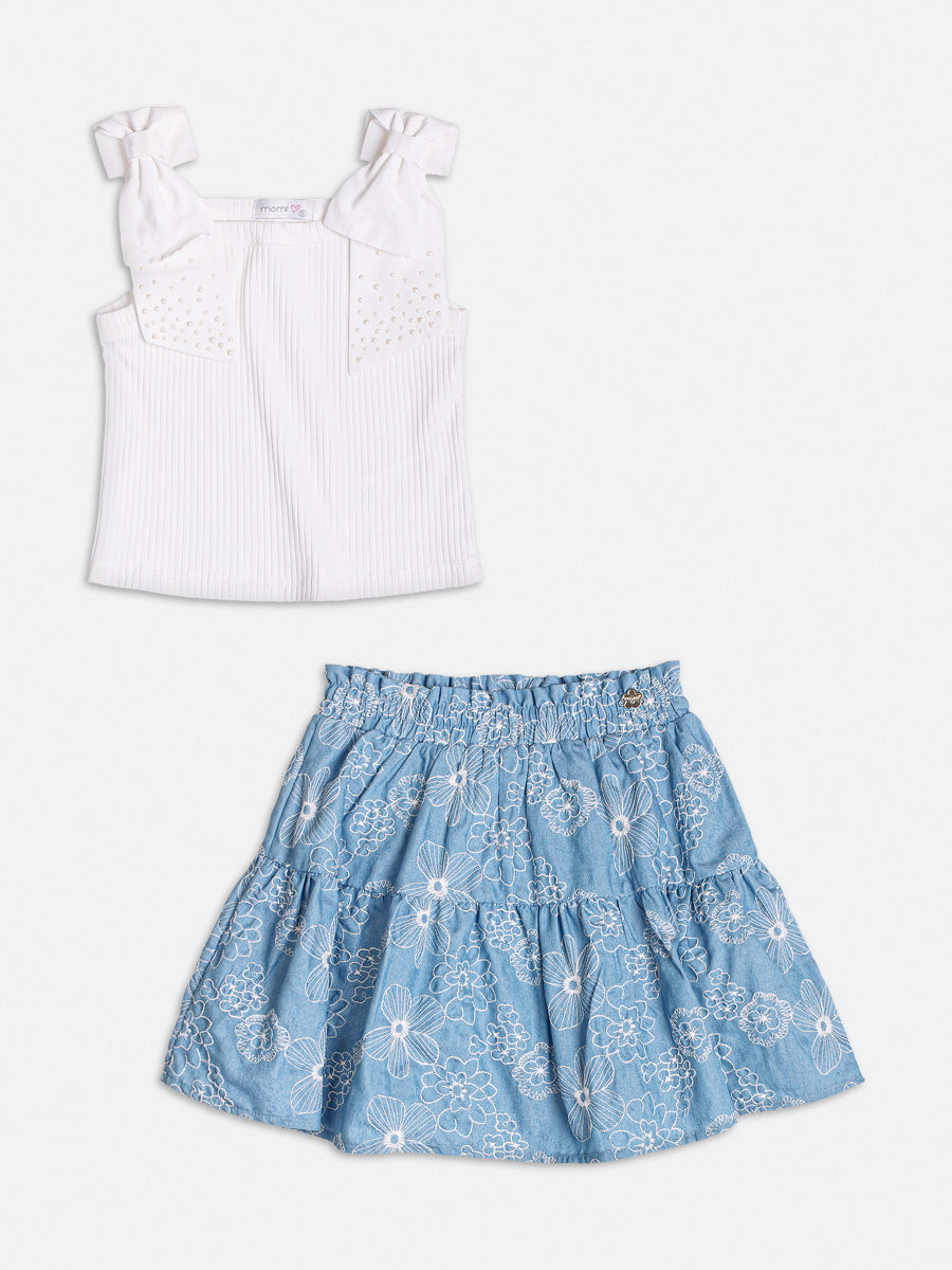 Conjunto Infantil Momi Verão Saia Flores Bordadas e Regata Canelada