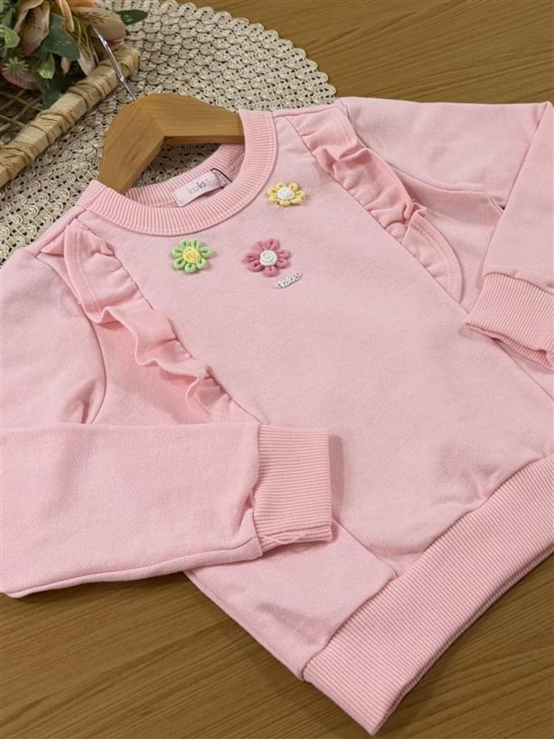 Conjunto Infantil Kukiê Inverno com Calça Legging e Moletom sem Flanela Rosa Florzinhas Coloridas