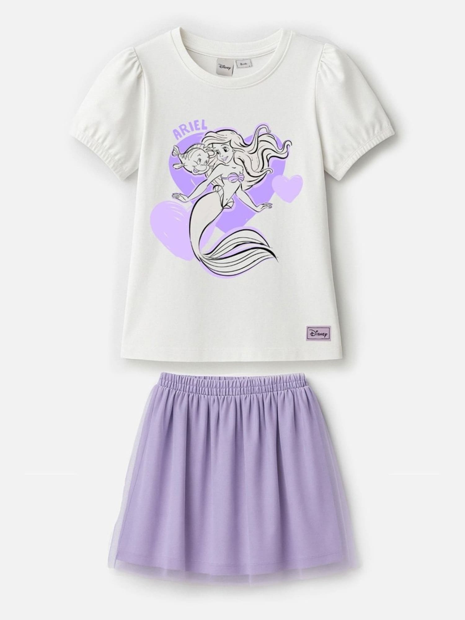 Conjunto Infantil Bimbi Verão com Saia em Tule Rosa e Blusa Branca Ariel Disney