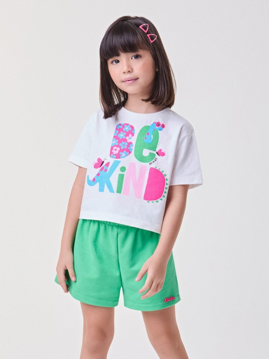 Conjunto Infantil Bimbi Verão com Shorts Verde e Blusa Branca Maçãzinha Be Kind