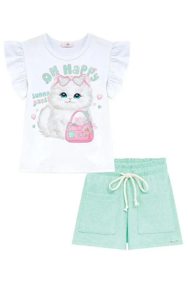 Conjunto Infantil Menina Kukiê com Shorts Verde e Blusa Gatinha Happy