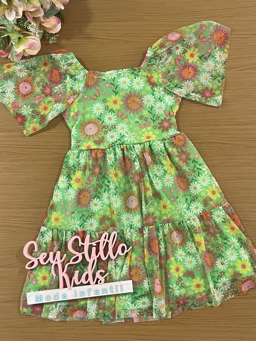 Vestido Infantil Kukiê Verão Verde Tule Flor