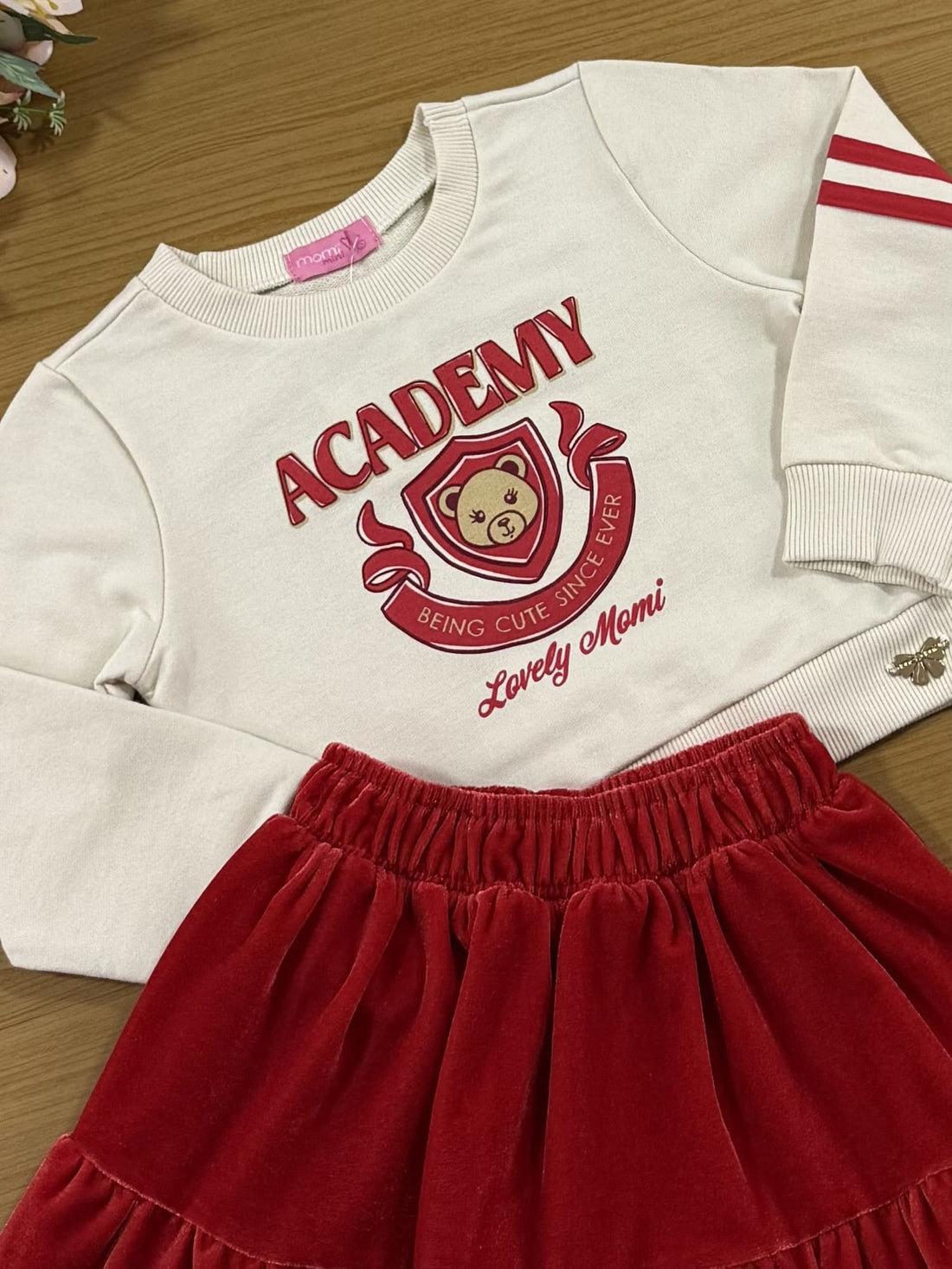 Conjunto Infantil Momi Inverno com Saia e Casaco Bege Ursinho Academy