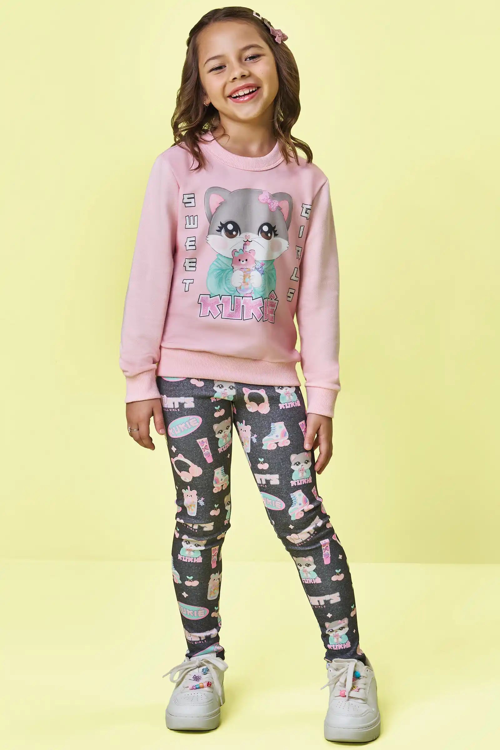 Conjunto Infantil Kukiê Inverno com Calça Legging e Moletom Sem Flanela Rosa Gatinha