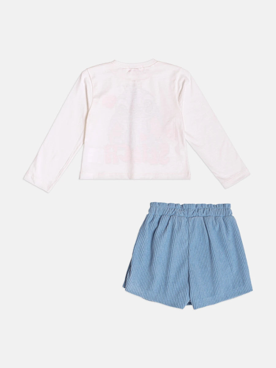 Conjunto Infantil Momi Inverno com Shorts Saia Azul e Blusa Manga Longa Stitch Corações Disney