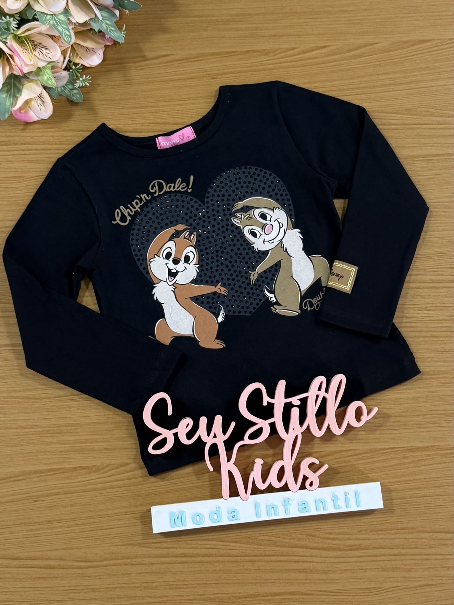 Blusa Infantil Momi Inverno Manga Longa Preto com Strass Tico Teco